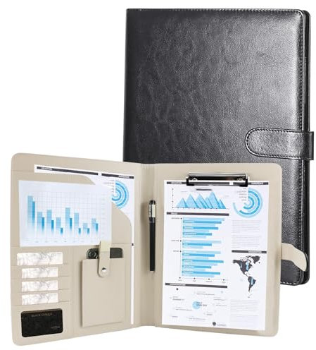 Klemmbrett Mappe A4 mit Deckel, Leder Schreibmappe A4, Klemmbrett DIN A4, Klemmbretter mit DokumentenfäChern, Stiftehalter, Klappdeckel, Konferenzmappe für Schule, Industrie, Büro