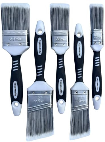 Decomarte Paint Brush Set for Painting Cabinets, Small Fence Wall Stain Brushes Assortment, Smooth Synthetic Short Bristle Paintbrushes with Soft Grips – Double Thick Chip Brush Variety- Pack of 5