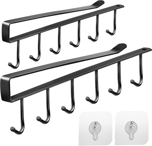 SHUNNBUY 2Pcs Cup Holder Under Cabinet 6 Hooks Shelf Cup Mug Hanger Coffee Tea Cup Under Cupboard Mug Holder Under Shelf Mug Drying Holder Cup Racks with 2 Adhesive Screws for Kitchen Cupboard