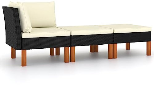 Myheimly 3-TLG. Garten-Lounge-Set Poly Rattan und Eukalyptus Massivholz Schwarz Sofa-Eckteil Fußstütze (2 STK.)