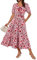 Damen Vintage Midi Blumenkleid Kurzarm V-Ausschnitt Sommerkleid A Linien Hochzeitsgast Kleid Rosa Rote Blume L