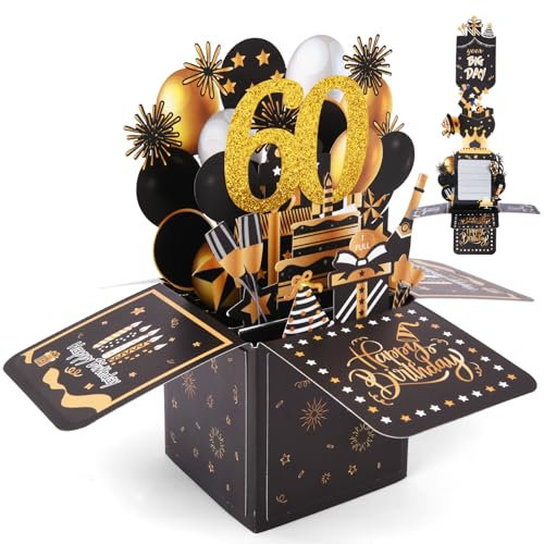 OFFCUP 60. Geburtstagskarte Ziehbar 3D Grußkarte zum 60. Geburtstag Pop Up Karte mit Umschlag Happy Birthday Geburtstagskarten Geburtstagsgeschenk für Frauen Kinder Freundin Männer (Schwarze Gold)
