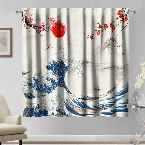 Kzzfqxb 2 Pannelli 117x138cm stile Giapponese Tende, Ukiyoe colline di fiori di prugno del sole rosso Hokusai La grande onda per finestre, decor orientale per cucina soggiorno camera da letto
