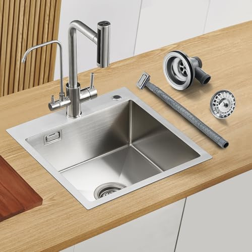 ROVOGO 48 x 48 cm Spülbecken Küche aus Edelstahl 304, Spüle mit Siebkorbventil und Überlauf, Küchenspüle mit Löchern für Armatur und Seifenspender, 1 Becken Einbauspüle Gebürstet