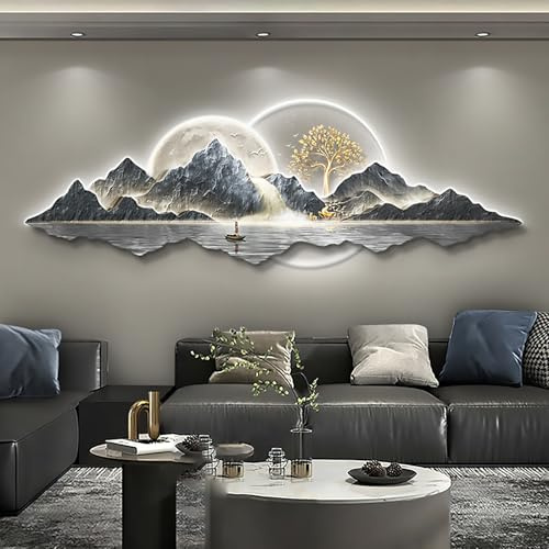 XFQZJG Traditionelles chinesisches Wandbild aus Kiefernholz, mit LED-Licht, große 3D-Wandkunst, handgefertigte Wandskulptur, orientalische Heimdekoration
