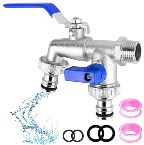 Double Garden Tap, 1/2 Inch Brass Double Water Tap, Outside Faucet Outside Tap with 1/2 inch Brass Water Faucet and 2X3/4 inch Outlet Double for Garden Household Industry(Blue)