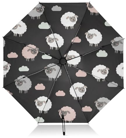 RPLIFE Reise-Regenschirm, winddicht, faltbar, kompakt, Regenschirme für Rucksäcke/Handtaschen, Regen, Wind und Sonne, niedliches Cartoon-Schaf, Schwarz