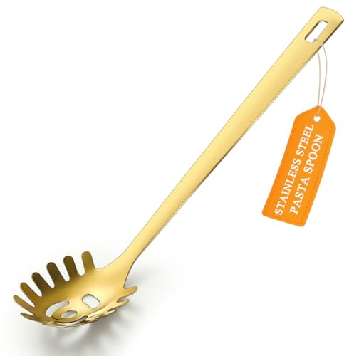 ReaNea Nudellöffel, Gold Spaghettilöffel, Titan-Vergoldung Nudelkelle Edelstahl Nudelzange und Spaghettizange, spülmaschinengeeignet