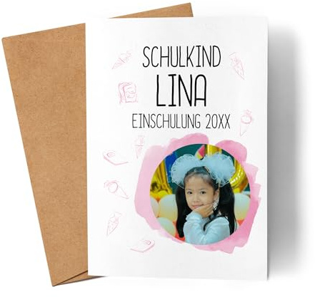 Kiddle-Design Karte Schulkind 2026 Mädchen, Einschulung Schulanfang personalisierte Grußkarte mit Name und Foto, Einschulungskarte zum 1. Schultag für Erstklässler