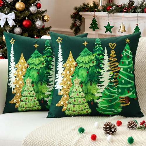 JOTOM Set of 2 Christmas Cushion Covers 45x45 cm Christmas Tree Double Sided Printed Decorative Green Pillow Covers Winter Holiday Cushion Cases Xmas Decoration for Home Couch Bed Sofa Decor (Green)