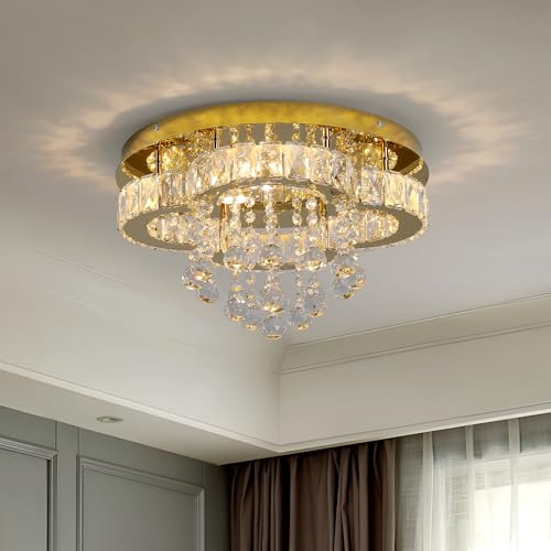 GreeLustr Moderne Kristall Kronleuchter für Wohnzimmer, Variables Licht Deckenleuchte Kristalle mit Elegantem Design für Schlafzimmer Flur Küche, Golden Deckenlampe Kristall für Decke (40cm)