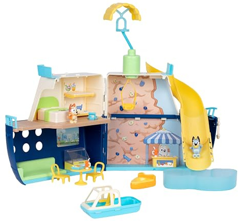Bluey Set de Juego del Crucero 5 Zonas de Juego, tobogán acuático, rocódromo, lancha motora y paracaídas; +15 Accesorios, Hoja de Pegatinas y Figuras exclusivas Bingo
