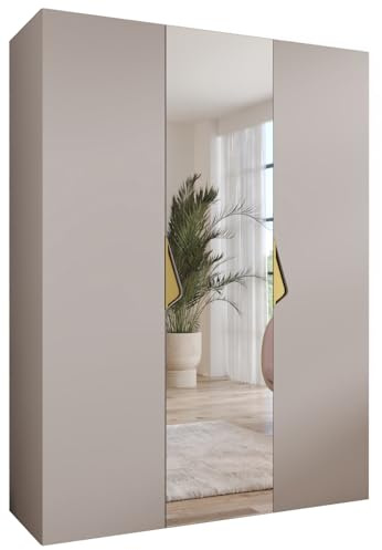 MEBLE KRYSPOL - Kleiderschrank - Garderobenschrank - 150 cm x 202 x 52 cm - Schrank mit Kleiderstange und Spiegel, 3 Türen - für Schlafzimmer, Flur - SANDI, Kaschmir, Griff Gold