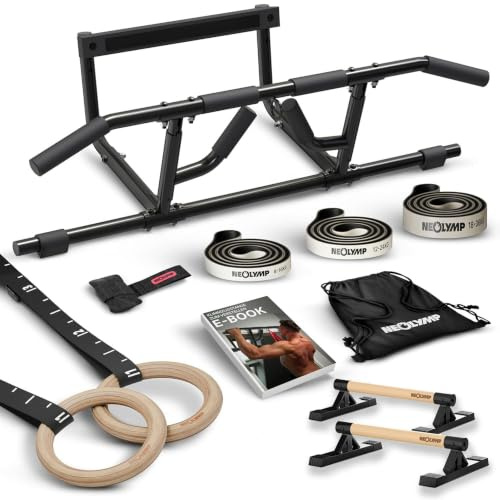 NEOLYMP Calisthenics Set – Komplettset mit Klimmzugstange Türrahmen, Turnringen, Liegestützgriffen, Dip Barren & Resistance Bands – Profi Calisthenics Equipment für Zuhause – Home Gym