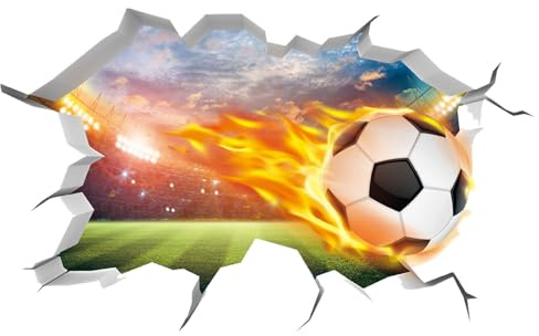 milaosk Fußball Wandtattoo 3D Wandaufkleber Fussball Kinderzimmer Jungen | Selbstklebende Durchbruch Aufkleber Brennender Fußball Wandsticker für Teenager Jungenzimmer Fußballfans Schlafzimmer