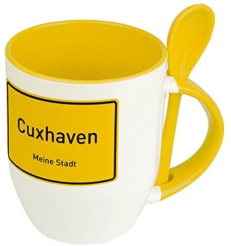 Städtetasse Cuxhaven - Löffel-Tasse mit Motiv Ortsschild - Becher, Kaffeetasse, Kaffeebecher, Mug - Gelb