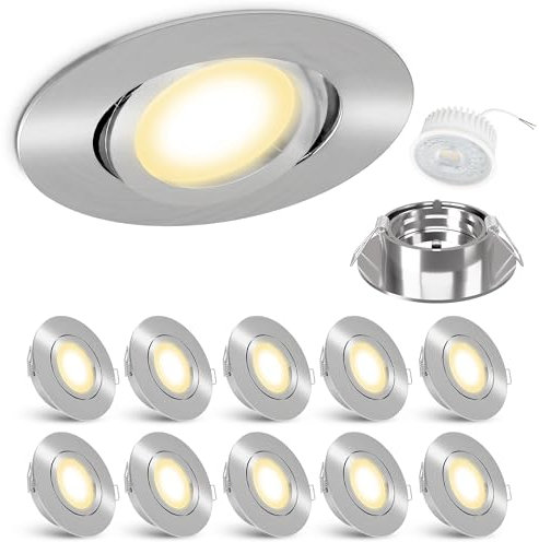 linovum 10er Set extra flache LED Einbaustrahler flach (34mm) Downlight in rund schwenkbar Edelstahl Optik mit 4W LED Modul warmweiß