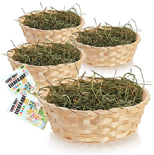 com-four® 4X Osterkörbchen mit Deko Gras und Eierfarbe - Osterkörbe mit echtem Bergwiesenheu - Bastkorb mit grünem Ostergras als Dekoration zu Ostern (Set Natur braun 3)