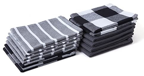 Encasa XO Serviettes de Cuisine et Gants de Toilette en Coton | Gris | Torchon Gaufré et à Tissage Plat | Ensemble de Torchons | 70x45 cm | Réutilisable et Séchage Rapide Lot de 12