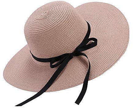 Moxamo Sun Hats Floppy Faltbarer Bowknot mit großer breiter Krempe Stroh Damenhüte Summer Beach Cap, Damen Strohhut Sommerhut UPF 50 + mit Sonnen Shade breite Krempe (Rosa)