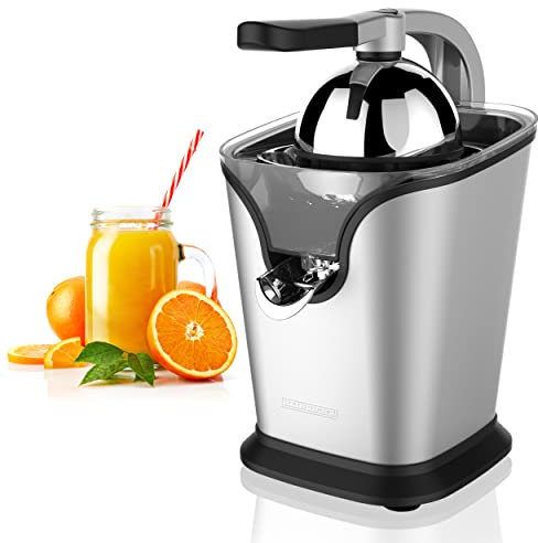 HEINRICHS elektrische Edelstahl Zitruspresse Juicer inkl. Fließstopfunktion professioneller Hebelarm rostfrei Universalaufsatz für Zitrusfrüchte Granatapfelpresse Saftpresse 100Watt, Heinrich´s