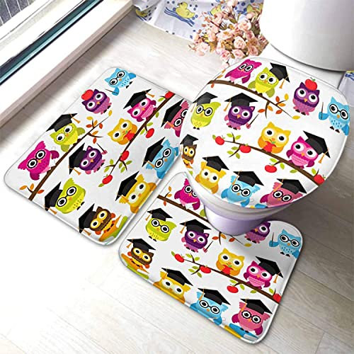 Set 3 Teilig Badvorleger Eulen Vektor Set Von Süßen Schule Und Graduierungsthemen Eulen Bad Duschmatten Waschbar Weiche Teppiche Und Toilettendeckel, Für Badewanne, Wohnzimmer