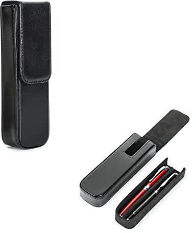 Hiram Leather Pen Case for 2 Pens Vegetable Tanned Leather Fountain Pen Storage Box with Hidden Magnetic Snap Closure Design (Black)