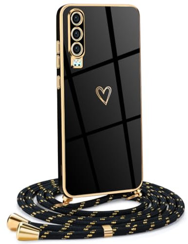 Mkej Coque pour Huawei P30 avec Cordon de Collier, Coque avec Cordon Motif Coeur d'amour TPU Housse, Collier RéglableTéléphone Portable Lanyard Case Huawei P30, Or Noir