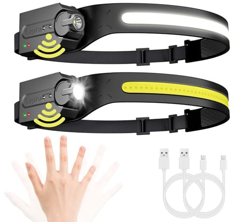 Lepro Stirnlampe Led Wiederaufladbar, Superhell 350 Lumen mit 5 Modi, 230°Weitwinkel Scheinwerfer mit Bewegungsmelder, 1200mAh Kopflampe, IP44 für Wandern Camping Joggen, 2 Stück [inkl. USB-C Kabel]