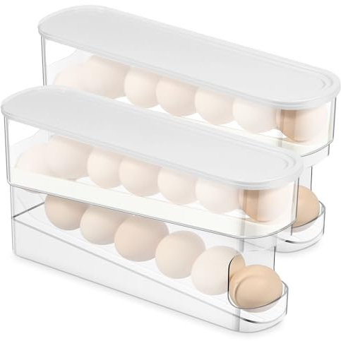 2 Tier Egg Holder for Fridge, 2Pcs Auto Rolling Egg Dispenser Hold up to 12-14 Egg, Egg Container, Space-Saving Egg Holder, Plastic Kitchen Egg Organizer for Home Fridge