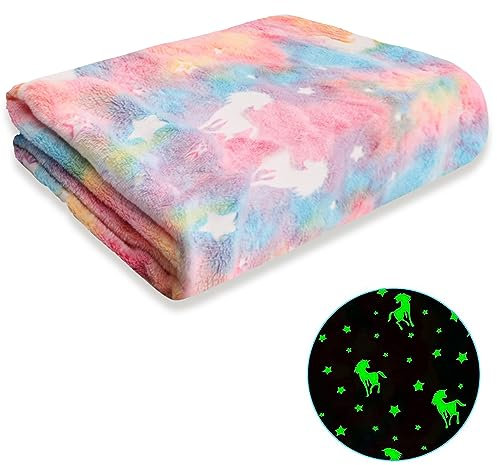 HoaaiGo Luminous Kids Blanket, Glow in The Dark Throw Blanket, 150 x 200 cm Soft Flannel Fleece Blanket for Girls, All Seasons Rainbow Blanket Cuddly Children's Blanket for Bed, Sofa, Chair (A)