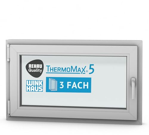 ThermoMax 5 Classic Kunststoff-Fenster, Uw-Wert 1,2, BxH: 100x60cm / 1000x600mm, DIN links (Griff rechts), mit 3-fach Wärme-Isolier-Verglasung, Winkhaus Sicherheitssystem & Rehau Profil