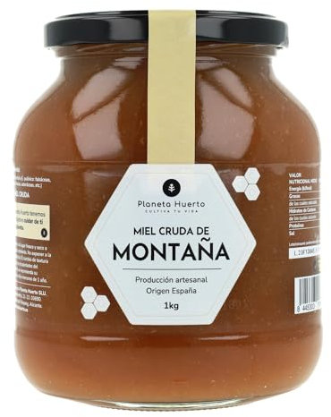 PLANETA HUERTO | Miel Cruda de Montaña 1 Kg 100% Natural y Pura - Miel Cruda Sin Filtrar ni Pasteurizar, Producción Artesanal en España con Polinización Silvestre de Fabáceas