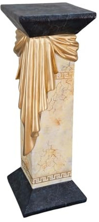 Griechische Dekosäule mit Goldener Drapierung, Antik Beistelltisch, 100 cm Höhe, 37 cm Breite, Weiß (Marmor-Beige)