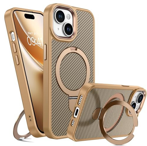 GUAGUA Magnetisch Handyhülle für iPhone 15 Hülle [Kompatibel mit MagSafe] mit Ring Ständer Stoßfest Schutzhülle Carbon Fiber Muster Case für iPhone 15 (6,1'') Titan Wüstensand