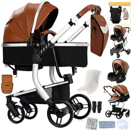 3 in 1 Kinderwagen Khaki, höhenverstellbar, Hochsicht | Praktisches Komplettset mit Muttertasche und Babytrage. platzsparend faltbar für komfortable Ausflüge.