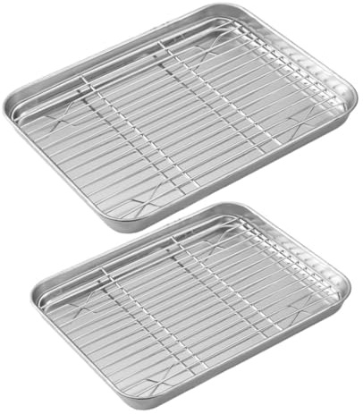GOOHOCHY 2 Sets Stainless Steel Baking Tray with Wire Rack Compact Baking Pan for Oven Cooking and Cooling Cakes Bread Cookies
