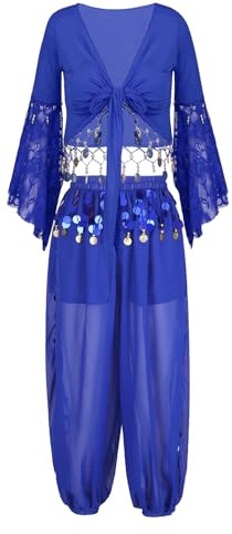 Sinleey Damen Ensemble Outfit Orientalischer Tanz Bauchtanz Kostüm Glitzer Glänzend Auftritt Tanzbekleidung LXL