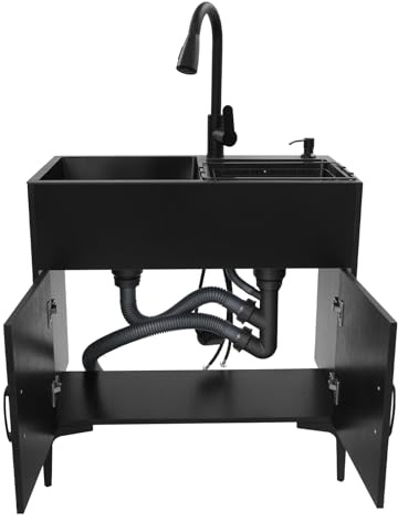 Freistehende Küchenspüle mit Schrank und ausziehbarem Wasserhahn, Edelstahl Gewerbliche Spültisch Doppelbecken Küchenspüle mit Entwässerungskorb und Abflusseinheit für Küche Wäsche/Schwarz 75x41x78cm