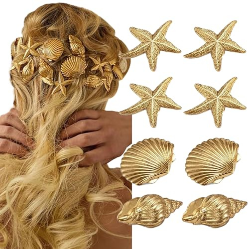 Pinzas para el pelo para mujer, 8 unidades, diseño de estrella de mar dorada, caracol y conchas, pinzas antideslizantes de metal para el pelo, pinzas para el pelo, pinzas pequeñas de cocodrilo