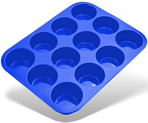 Belmalia moule à muffins pour 12 muffins en silicone anti-adhésif, cupcakes, brownies, gâteaux, pudding Bleu Foncé