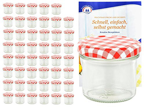 MamboCat 48er Set Sturzgläser 125 ml mit rot weiß kariertem Deckel to 66 inkl. Diamant Gelierzauber Rezeptheft Marmeladengläser Einmachgläser Einweckgläser
