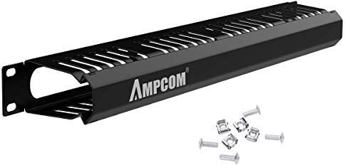 AMPCOM 1U Cable Management Horizontal Mount 19 inch Server Rack with Mounting Screws, 24 Slot Metal Finger Duct Wire Organizer with Cover
