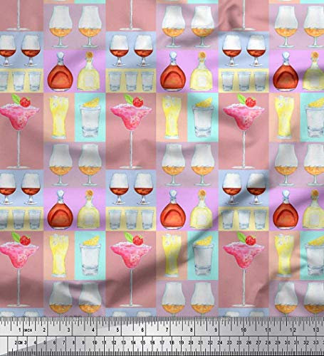 Soimoi Rosa Poly Georgette Stoff Flasche, Wein und Schusse Bar Stoff Drucke Meter 52 Zoll breit
