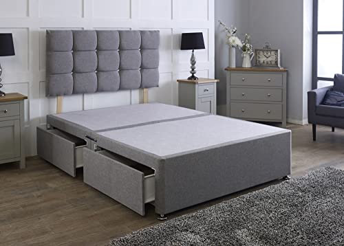 Comfy Deluxe LTD Linen Divan Bed Base With Matching Cube Headboard | Divan Bed Frame | Bed Base | Premium Linen (Grey, 4FT6 Double 4 Drawer)