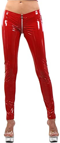 MISS NOIR Damen Wetlook Sexy Leggings S-3XL Lack-Optik Niedrige Taille 4-Wege-Reißverschluss Clubwear Party, Rot (IN505571-RD), 3XL