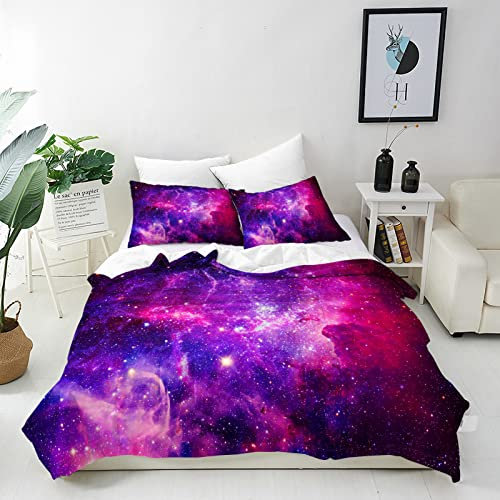 ANHOPE Galaxy Duvet Cover Set Soft Comforter Cover Purple Pink Nebula Stars Print Pattern 3 Piece Bedding Set with Pillowcase All Season Quilt Cover with Zipper for Kids Adults Single Size