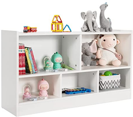 Maxmass Wooden Kids Storage Bookcase, 2 Tier Children Book Shelf with 5 Compartments and 4 Non-slip Mat, Toddler Toy Storage Organizer for Bedroom, Living Room, Playroom (White)