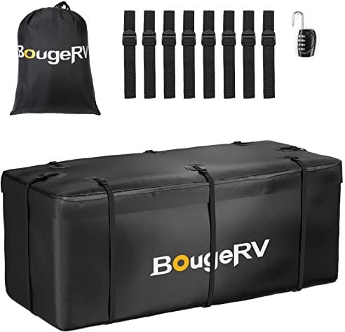 BougeRV Hitch Cargo Carrier Bag with Lock Waterproof Soft Shell 20 Cubic Feet (59 24 24) Cargo Bag for Hitch Carrier Include 8 Reinforced Straps for Truck Pickup RV All SUV with Hitch Cargo Basket