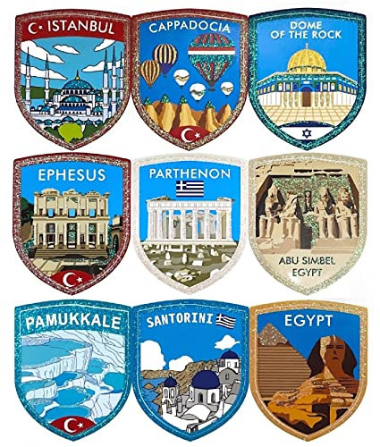 A-ONE Middle East Tourist Attractions Rainbow Glitter Bicycle Bumper Tags 9 PCS + Camel Decoration Stick On Patch 1 PC, Local Country Tags Stickers for Glass Tub, Souvenir Collection SR7+NO.382